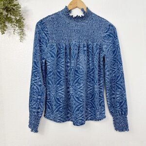 Simply Styled blue velvet burnout smocked long sleeve top